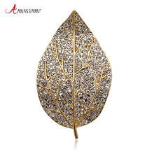 Amorcome Gold Color Leaf Brooches For Women Vintage Party Crystal Paved Clothes Collar Large Enamel Pin Brooch Jewelry Female 2024 - buy cheap