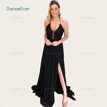 Illusion V-neck Black Lace Prom Dresses 2021 Lace Up Back Side Split Formal Evening Dress Spaghetti Straps Chiffon Prom Gowns 2024 - buy cheap