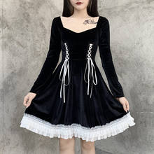 Goth lolita vestido de bandagem preto, vestido vintage de renda com retalhos de manga comprida de cintura alta, vestido feminino elegante estética, mini vestidos 2024 - compre barato