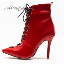 Arden Furtado Fashion Women's Shoes Winter Pointed Toe Stilettos Heels Back zipper red white Sexy Cross tied Short Boots 44 45 2024 - buy cheap