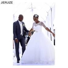 JIERUIZE African Wedding Dresses O Neck Illusion Half Sleeves Lace Up Back Crystal Sash Ball Gown Wedding Gowns Bridal Dresses 2024 - buy cheap