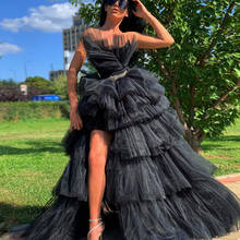 Exquisite Strapless A Line Tiered Tulle Ruffles 2021 Black Evening Dress Front Split Prom Party Dresses with Belt Custom Made 2024 - buy cheap