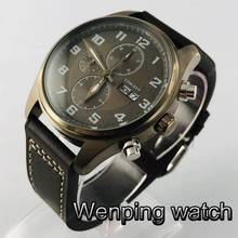 Corgeut 41mm chronograph relógio cobre caso banhado a cobre dial data semana luminosa pulseira de couro relógio de quartzo masculino 2024 - compre barato