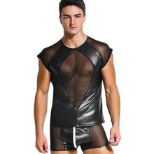 Stylish Men PU Faux Leather Breathability Mesh Tank Tops Clubwear Gay Couple Enhancing Fetish Sexy Lingerie Punk Shiny Vest Wear 2024 - buy cheap
