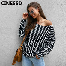 CINESSD Striped Women Tee Shirts Square Collar Bat Long Sleeves Black Casual Blouse Pullover Tops Office Lady Loose Knit Shirts 2024 - buy cheap