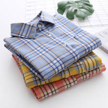 Blusa de manga comprida xadrez feminina, camisa folgada de algodão com design fresco para mulheres, primavera e outono 2021 2024 - compre barato