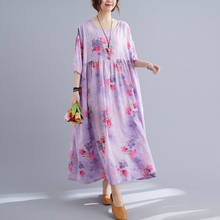 Vestido linha a vintage feminino, vestido de linho de algodão estampado floral, coreano grande peça única 100kg 2024 - compre barato