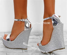 New Fashion Women Open Toe Silver High Platform Wedge Sandals Ankle Strap One Strap Glitter Wedges Summer Dress Shoes 2024 - buy cheap