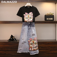 Plus Size Women's Print Skirt Suits Clothes 2020 Spring Printed Cat T-Shirt Tops + Denim Long Skirt 2 Pieces Sets For Women 2024 - buy cheap