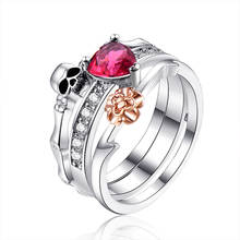 Conjunto de anillos de rosa con forma de corazón y calavera para mujer, sortija de boda, cristal rojo, Punk, gótico, fiesta, regalo, 3 piezas 2024 - compra barato