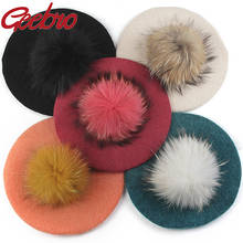 Geebro Women Wool Beret Light Board Female Hat with Raccoon Fur Pompom Retro Beret Baker Lady Headwear Winter Warm Elegant Hats 2024 - buy cheap