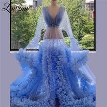 Blue See Through V Neck Evening Party Dress Handmade Applique Long Puffy Sleeves 2020 Sheer A Line Prom Dresses Robe De Soiree 2024 - buy cheap