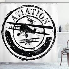 Cortina de chuveiro avião vintage, design de selo estilo grunge com silhuetas de aviação e avião em tecido, conjunto de decoração de banheiro 2024 - compre barato