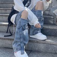 Calça cargo feminina reta lisa com zíper, calça jeans com cintura alta coreana, calça casual para mulheres 2024 - compre barato