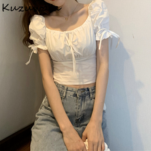 Kuzuwata Square Collar Sexy Clavicle Exposed Blouse Women Flare Short Sleeve Pullover Blusas Summer 2022 New Shirt Feminino 2024 - buy cheap