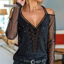 Blusa feminina elegante de malha vazada, ombro de fora, malha pura, renda, sexy, casual, corte, top, 2021 2024 - compre barato