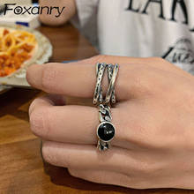 Foxanry anel de prata esterlina 925, anéis ajustáveis para mulheres nova moda vintage pedra preta multicamadas geométricos joias de festa presentes 2024 - compre barato