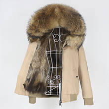 Oftbuy casaco bomber real de pele, casaco feminino com gola de guaxinim e capuz, jaqueta de inverno removível, à prova d'água, 2021 2024 - compre barato