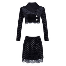 Summer Outfits Women Clothes Velvet Two Pieces Set Glitter Stone Lace Trims Black Jacket Crop Top + A Line Mini Skirt 2024 - buy cheap