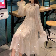 2021 spring new women's chic lace-up bow tassels flare sleeve bling chiffon dress female elegant A-line dresses 2024 - buy cheap