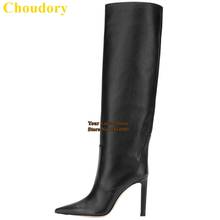 Choudory Chunky Heels Pointed Toe Knee Boots White Black Plaid Cloth Pattern Matte Leather Long Boots Concise Party Shoes Boots 2024 - buy cheap