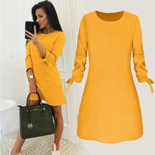 Women Fashion O-neck Solid Bow Elegant A-Line Dress Spring Loose Mini Dresses 3/4 Sleeve Bow comfortable Plus Size 2024 - buy cheap