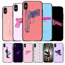 Funda de silicona para teléfono móvil iPhone, carcasa de color negro con pistola rosa para modelos 12, XR, XS Max, 5, 5S, SE 2020, 6, 6S PLUS, 7, 8, X, 11pro Max y 11 2024 - compra barato