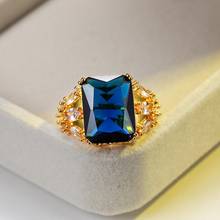 Anel de cristal azul 18k feminino, masculino e feminino, de ouro amarelo, luxuoso, promessa pela eternidade, grande, anel de noivado 2024 - compre barato
