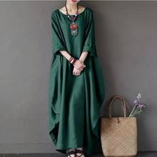 Large size dress 8XL fashion women's retro round neck long sleeve solid color loose large size cotton and linen dress 2024 - buy cheap