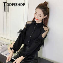 2019 Spring Expose Shoulder Chiffon Women Blouse Black and White Sweet Lantern Sleeve Female Blouses 2024 - buy cheap