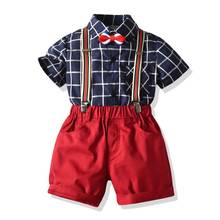 Conjunto de ropa para niño, camisa de manga corta a cuadros con lazo, cinturón corto rojo, pantalones de 2, 3, 4, 5, 6 y 7 años 2024 - compra barato