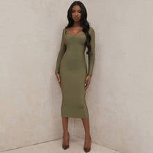 New spring ladies Green mid length dress full sleeve v-neck women bodycon slim fit dresses backless sexy for party wedding 2024 - buy cheap