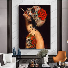 Abstract Canvas Painting Sexy Smoking Nude Skull Girl with Flower Tattoo Posters and Prints Wall Pictures for Living Room Decor 2024 - buy cheap