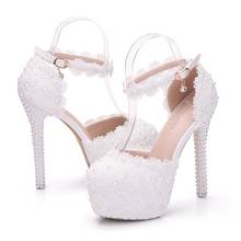 Sapatos de noiva femininos sexy, com laço floral, salto alto de pérolas, ponta redonda, sapatos de festa para casamento, 14cm, 2020 2024 - compre barato