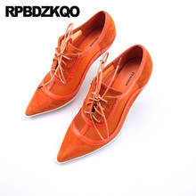 Sapatos de salto alto feminino laranja europeu, couro legítimo 2021, azul, camurça, alta qualidade, bico ponteagudo, malha, com cadarço 2024 - compre barato