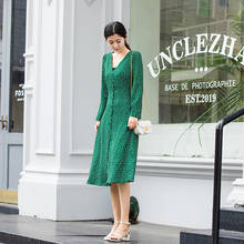 Vestido feminino de chiffon, vestido verde escuro com estampa de bolinhas, comprimento médio, estilo single-breasted, para primavera e verão, 2020 2024 - compre barato