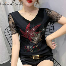 Summer European Clothe T-Shirt Sexy Fashion V-Neck Patchwork Lace Shiny Diammonds Women Tops Short Sleeve Tees New 2021 T14706A 2024 - buy cheap