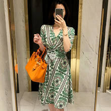 Summer new women's elbow sleeve green dress printed V-neck high waist slimming wrapped dress 2024 - buy cheap