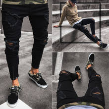 Hip Hop Destroyed Frayed Slim Fit Black Denim Pants Mens Cool Designer Zipper Ripped Skinny Jeans 2024 - buy cheap