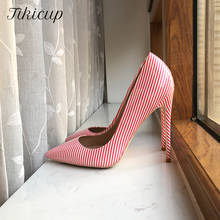 Ticicup sapatos de salto alto feminino estilizado extemextremamente chique listrado rosa para mulheres, sapatos de deslizar para bico fino tamanho 33 a 45 2024 - compre barato