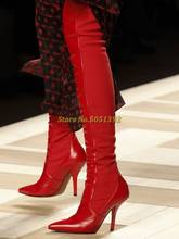 Botas de salto fino vermelho pista feminina sobre o joelho retalhos apontou dedo do pé zíper botas de estiramento coxa vestido alto sapatos de senhoras 2024 - compre barato