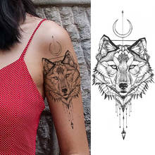 Tatuagem temporária de lobo preto, adesivo, joia falsa, tatuagem com padrão de ponto, à prova d'água, totem de lua, tatuagem bonita para adultos, arte corporal 2024 - compre barato