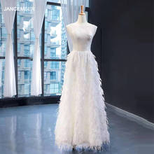 Vestido largo de boda bohemio J66921, con cuello redondo, longitud hasta el suelo, encaje con plumas, 2020 2024 - compra barato