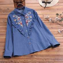 ZANZEA informal-Blusa de manga larga con volantes para mujer, camisa con bordado Floral y botones, color azul, Estilo Vintage, 2021 2024 - compra barato