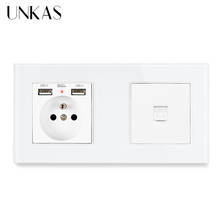 UNKAS Luxury Glass Panel 2 Gang Wall 16A French Standard 172mm * 86mm + Dual USB Charge Port Female RJ11 Telephone Jack Outlet 2024 - buy cheap