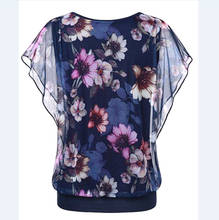Летняя шифоновая блузка для девочек, синие, с коротким рукавом, с цветочным принтом, свободные женские топы, модные, большие размеры, женские топы, сексуальные Блузы с рюшами 2024 - купить недорого