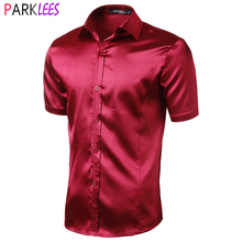 Red Slim Fit Silk Satin Dress Shirts Wedding Groom Stage Prom Shirt Men Short Sleeve Casual Button Down Shirt Male Chemise Homme 2024 - buy cheap