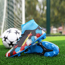 Botas de futebol masculinas com ponta de pico azul, sapatos com estampa colorida para homens, suporte para tornozelo, presilhas de futebol, 2020 2024 - compre barato