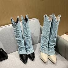 Western Fashion Denim Cloth Foldover Slip On Knee Boots Woman Chunky Heel Pointed Toe Cow Leather Patcwork Boots Knight Boots 2024 - buy cheap