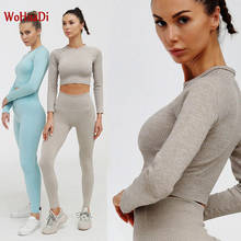 Wohuadi mulheres conjunto de yoga ginásio roupas sem costura gradiente leggings + manga longa topo camiseta treino esporte terno feminino conjunto de fitness 2024 - compre barato